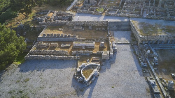 Drone shot, first morning light, overview of ancient ruins with wall remains in an archaeological site in daylight, Kamiros, Archaeological site, Ancient city, Foundation of Doric Greeks, Rhodes, Dodecanese, Greek Islands, Greece, Europe