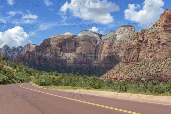 Streaked Wall formation and other rugged mountains with various geology in Zion National Park, Utah