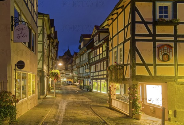 The Lange Straße in the old town centre of Hannoversch Münden with historic half-timbered houses in the evening. Hannoversch Münden, Lower Saxony, Germany, Europe
