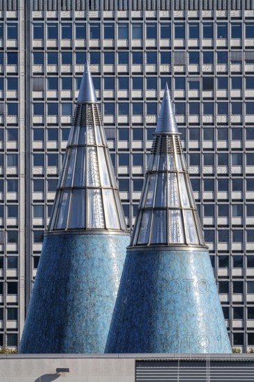 Building of the Federal Network Agency in Bonn, towers, cone of light of the Federal Art Gallery, Museum Mile, North Rhine-Westphalia, Germany, Europe