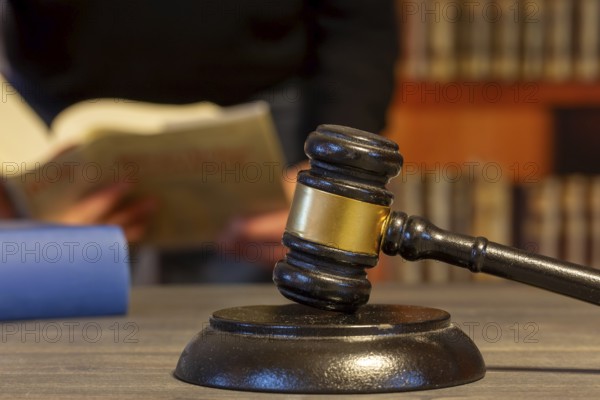 Close-up of a judge's gavel, in the background a man reads a law book (symbolic image)