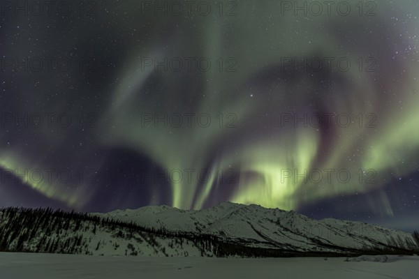 Green, yellow and purple northern lights (aurora borealis) over snowy mountains, Brooks Range, Alaska, USA, North America