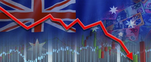 Financial fall of Australian economy on financial graph. Australia financial crisis on economic graph, economic collapse