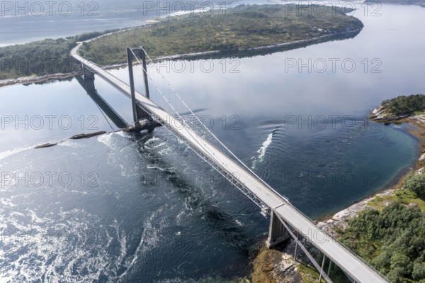 Aerial view of suspension bridge over fjord Efjord, road E6, northern Norway