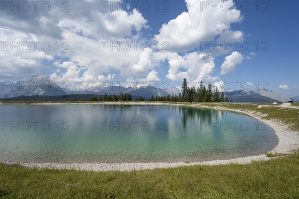 Reservoir at Gschwandtkopf, Karwendel Mountains, behind Wetterstein range, Alps, Seefeld, Tyrol, Austria, Europe