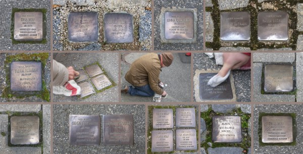 Polishing and cleaning Stumbling Stones to commemorate the Night of Broken Glass on 9 November 1938, Stumbling Stone tour through Schnaittach, Middle Franconia, Bavaria, Germany, Europe
