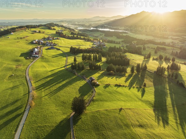 Mountain range near village Wertach, view to lake Gruentensee, sunrise, autumn colors, aerial view, Allgaeu, Bavaria, Germany, Europe