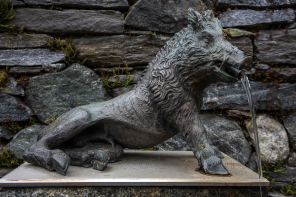 Fountain, wild boar fountain in the mountain village of Bordei, Centovalli, Canton Ticino, Switzerland, Europe