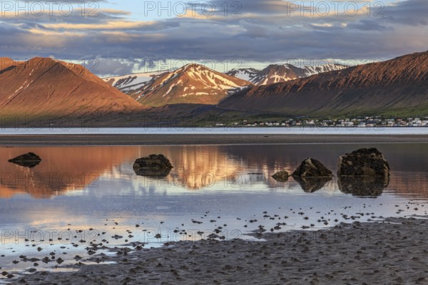 Fjord, low tide, stones, mountains reflected in the water, evening light, cloudy mood, Thingeyri, Westfjords, Iceland, Europe