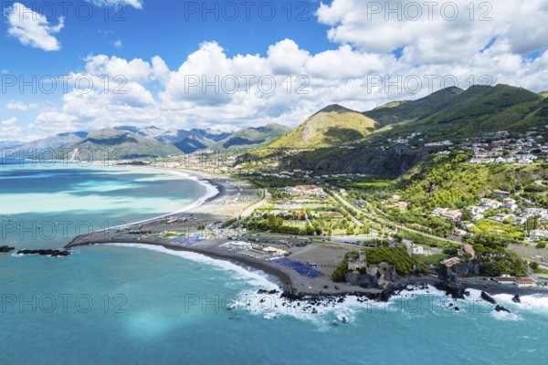 Praia a Mare from a drone, Tyrrhenian Sea, Cosenza, Calabria, Italy, Europe