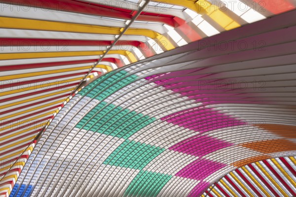 Liège-Guillemins railway station, architect Santiago Calatrava, colourful roof, curved, pink, turquoise, red, orange, blue, Liège, Belgium, Europe