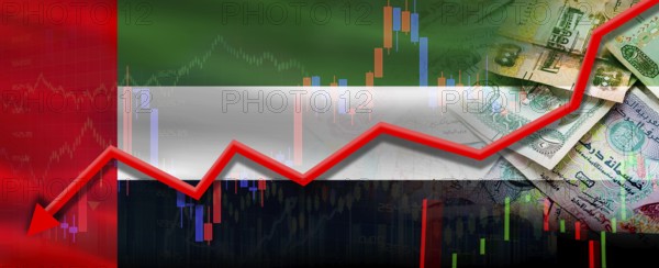 Financial fall of Dubai on economy market. Dubai financial crisis on economic graph