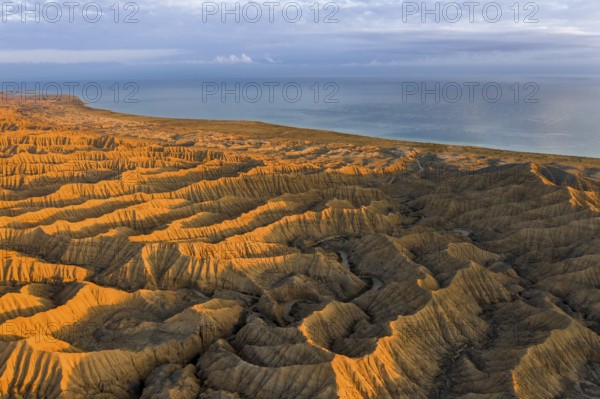 Landscape of eroded hills, badlands at sunset, Lake Issyk Kul in the background, aerial view, Canyon of the Forgotten Rivers, Issyk Kul, Kyrgyzstan, Asia