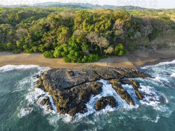 Aerial view, rainforest, sandy beach and coast with waves, Playa Cocalito, Puntarenas, Costa Rica, Central America