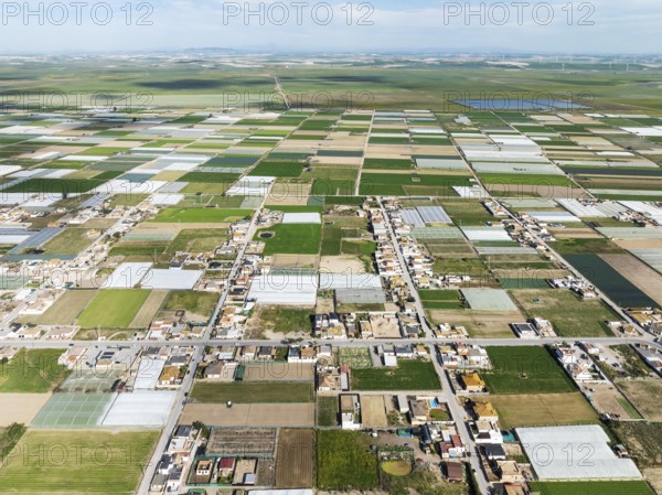 The semi rural district of La Algaida with its cultivated fields next to Sanlúcar de Barrameda. Aerial view. Drone shot. Cádiz province, Andalusia, Spain, Europe