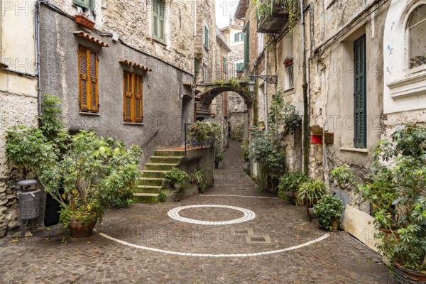 Narrow alleyways in the medieval village of Rocchetta Nervina in Val Nervia, Liguria, Italy, Europe