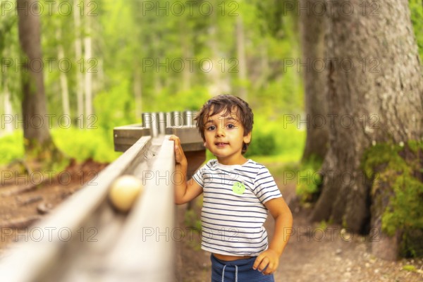 Young boy enjoying a wooden marble run in a forest by lake braies, surrounded by the scenic dolomites on a sunny summer day