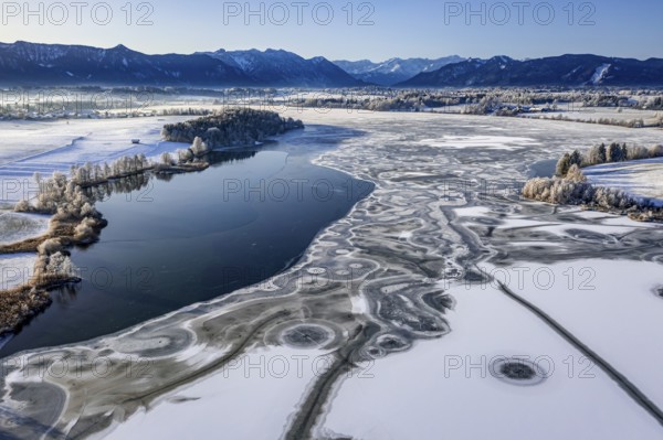 Aerial view of ice formations on a frozen lake, winter, Riegsee, Alpine foothills, Upper Bavaria, Bavaria, Germany, Europe
