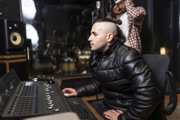 Sound engineer mixing a pop, rap or trap song using a digital audio workstation and soundboard in a professional recording studio