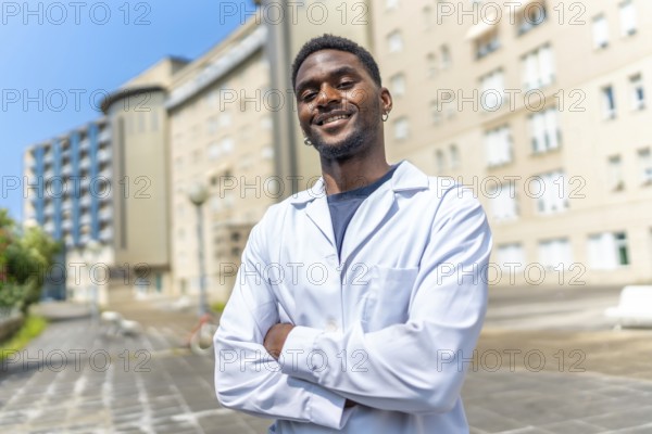 Portrait of an african doctor smiling at camera with arms crossed outside the hospital