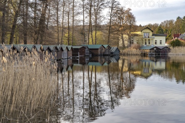 Boathouses on Feldberger Haussee, Feldberger Seenlandschaft, Mecklenburg-Vorpommern, Germany, Europe