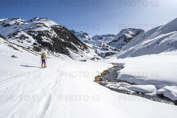 Ski tourer in the snow by a mountain stream in the Funtauna Valley, Graubünden Haute Route, Albula Alps, Rhaetian Alps, Graubünden, Switzerland, Europe
