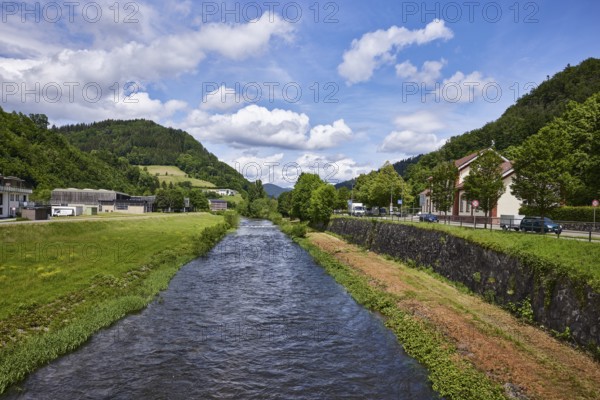 River Kinzig, meadow, trees, hilly landscape with coniferous forest, blue sky with fair weather clouds, Bahnhofstraße, Wolfach, Black Forest, Ortenaukreis, Baden-Württemberg, Germany, Europe