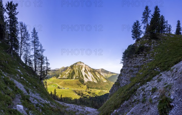 Hiking trail to the Holzeck with a view of the Genneralm and Gennerhorn, Osterhorn group, Salzkammergut, Salzburg province, Austria, Europe