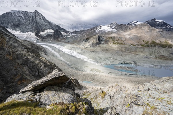 View of glacier Glacier de Cheilon and mountain peak Mont Blanc de Cheilon, at Col de Riedmatten, Valais, Western Alps Switzerland