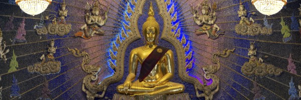 Golden Buddha statue with tunic, Bhumispara-mudra, Buddha Gautama at the moment of enlightenment, art gallery with modern art trends such as minimalism and abstraction, Wat Pariwat, Yan Nawa district, Bangkok, Thailand, Asia