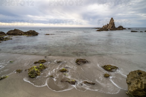Rocky coast, rocks washed by water, Cabo de Gata-Nijar Natural Park, Almeria, Andalusia, Spain, Europe