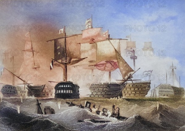 Battle of Trafalgar on 21 October 1805 was a naval battle between British and Franco-Spanish forces during the War of the Third Coalition, Historical, digitally restored reproduction from a 19th century original, Record date not stated