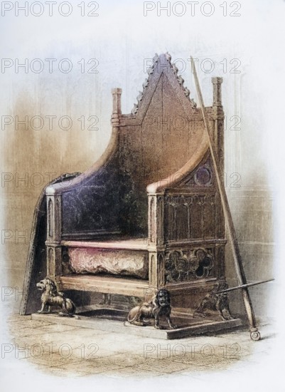 The Coronation Chair in Westminster Abbey. It was made for King Edward I to enclose the famous Stone of Scone in 1300. From the book The Queens of England, Volume I by Sydney Wilmot. Published in London c. 1890, Historical, digitally restored reproduction from a 19th century original, Record date not stated