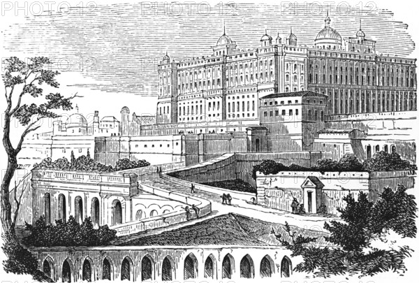 Residence of the King, Palacio Real, Royal Palace in the Spanish capital Madrid, architectural style baroque, high nobility, hill, wall, architecture, geography, Spain, historical illustration 1888, Europe