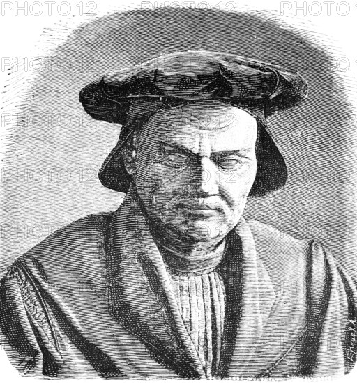 Death mask of Martin Luther (1483, 1546) portrait after Lucas Cranach, reformer, Augustinian monk, Bible translator, Eisleben, burial in the castle church in Wittenberg, historical illustration 1883