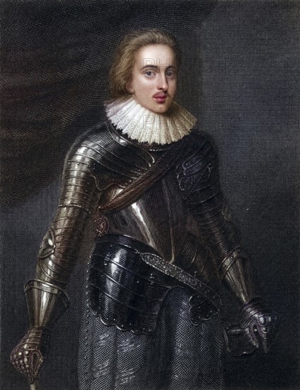 Henry, Prince of Wales (1594-1612), the exemplary prince, eldest son of James I and VII, died of typhoid (?) after swimming in the Thames. He was a staunch Protestant, and his early death changed the course of British and perhaps European history. Copper engraving, digitally restored reproduction from a 19th century original, record date not stated