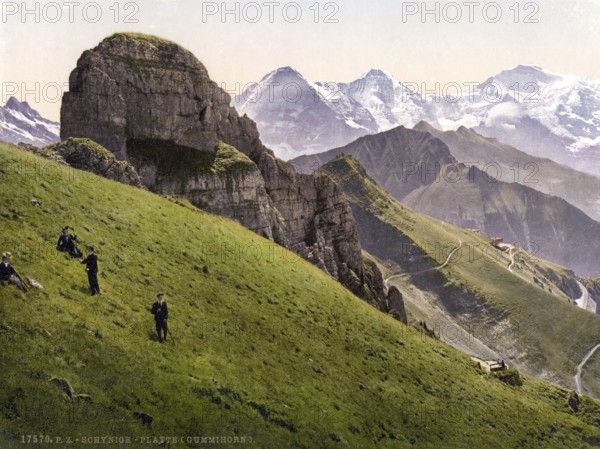 Schynige Platte, Gummihorn, Eiger, Mönch and Jungfrau, Bernese Oberland, Switzerland, Historic, digitally restored reproduction from a 19th century original, Record date not stated, Monch and Jungfrau, Bernese Oberland, Switzerland, Historic, digitally restored reproduction from a 19th century original, Record date not stated, Europe
