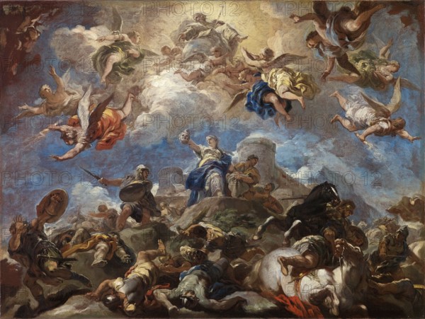 Judith Displaying the Head of Holofernes, painting by Luca Giordano (Italian, 1634-1705), historically, digitally restored reproduction of a 17th-century original, exact date unknown, Judith Displaying the Head of Holofernes, painting made by Luca Giordano (Italian, Historically, digitally restored reproduction of a 17th-century original, exact date unknown
