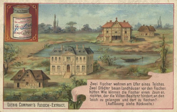 Picture series puzzle, two fishermen live on the shore of a pond, two townspeople build houses in front of the fishermen's huts, Liebig picture, digitally restored reproduction of a collector's picture from around 1900, public domain, exact date unknown, scene with pond and villas in the background, fishermen's huts on the shore