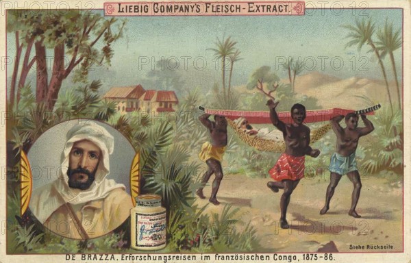 Series Explorers and World Travellers, Pierre Savorgnan de Brazza, a French-Italian naval officer and Africa traveller, Liebig picture, digitally restored reproduction of a collector's picture from ca 1900, public domain, exact date unknown, expedition scene in the tropical French Congo with explorers and natives