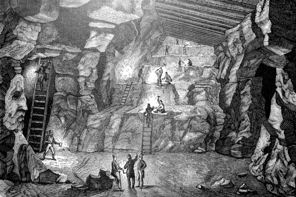 Inside a mine, mining a stick, historical, digital reproduction of an original from the 19th century