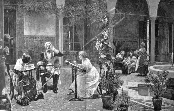 Soldier in parade uniform flirting with two woman at the same time, France, 1875, after a painting by Jimenez, Historical, digital reproduction of an original from the 19th century, Europe