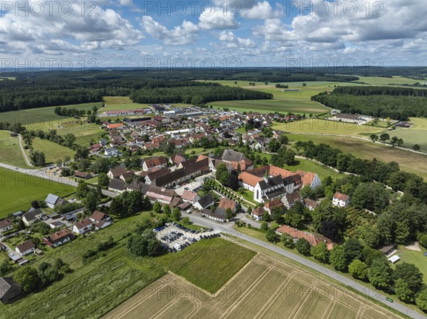 Aerial view of the village of Heiligkreuztal with the cathedral and the former Cistercian nunnery, district of Biberach, Upper Swabia, Baden-Württemberg, Germany, Europe