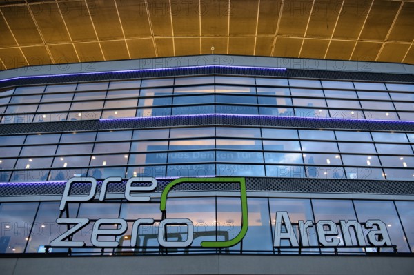 Exterior view, glass façade, logo, Europa League, PreZero Arena, Sinsheim, Baden-Württemberg, Germany, Europe