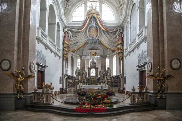 Church, baroque basilica of St. Mang, interior view, altar table, Füssen, Ostallgäu, Bavaria Germany