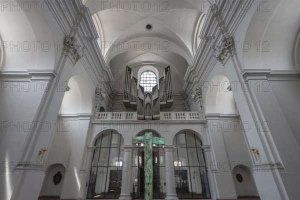 Organ loft in the parish church of St John, Hauk Abbey, built in 1691, Bahnhofstr. 4, Würzburg, Lower Franconia, Bavaria, Germany, Europe