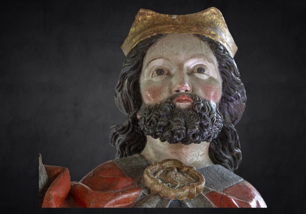 Head of Christ, detail of the palm donkey on a black background, wooden figure from around 1470, Bad Oberdorf, Oberallgäu, Bavaria, Germany, Europe