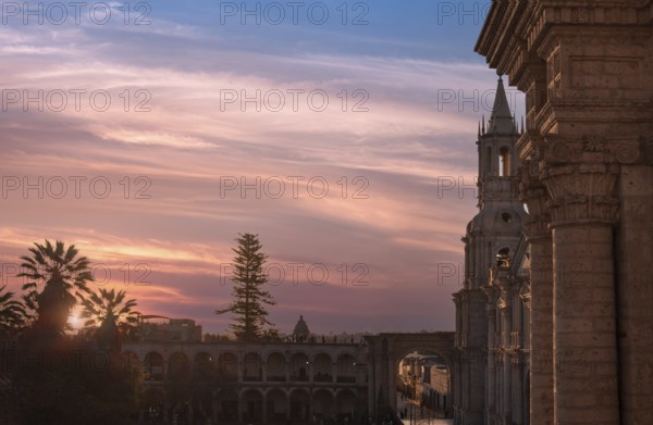 Peru, Arequipa. Basilica Cathedral of Arequipa on central Plaza De Armas in historic center., South America