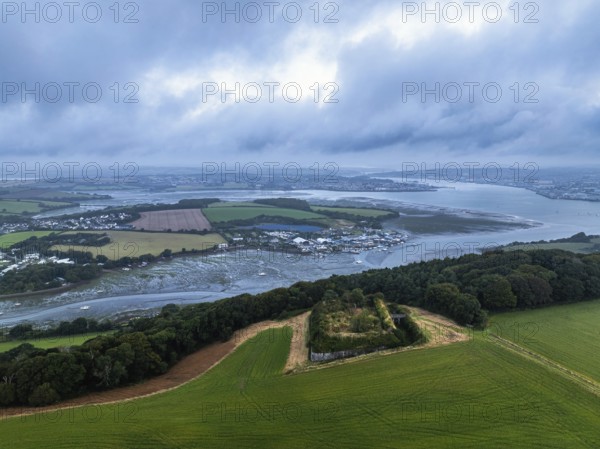 Hawkins Battery Fort over River Tamar from a drone, Cremyll, Plymouth, Devon, England, United Kingdom, Europe