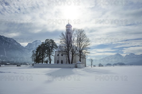 Pilgrimage Church of St Coloman, Snow, Schwangau, Allgaeu, Bavarian Swabia, Bavaria, Germany, Europe